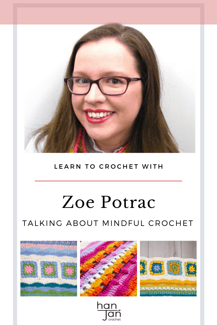 Zoe Potrac headshot and colourful crochet blanket pattern