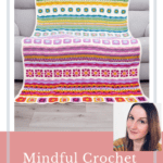 Mindfulness Crochet Blanket CAL, bright, colourful crochet blanket on grey sofa