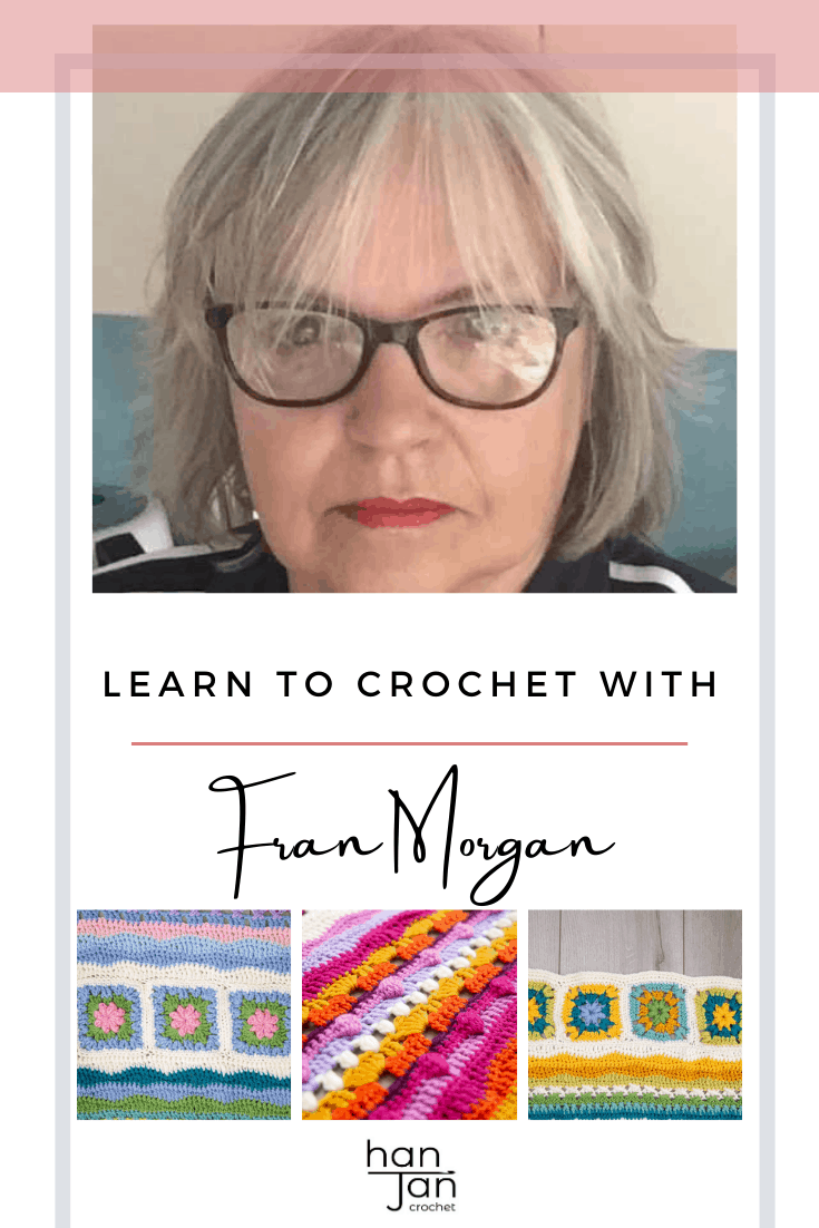 learn to crochet with Fran Morgan wearing glasses with colourful crochet stitches 