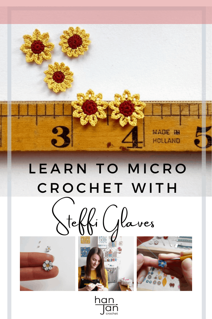 tiny micro crochet sunflowers on a vintage ruler with image of designer Steffi Glaves