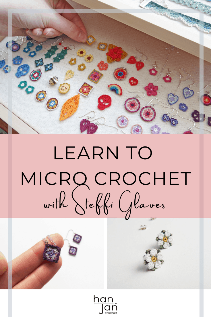 tiny micro crochet granny square being put into box of other micro crochet flowers and motifs