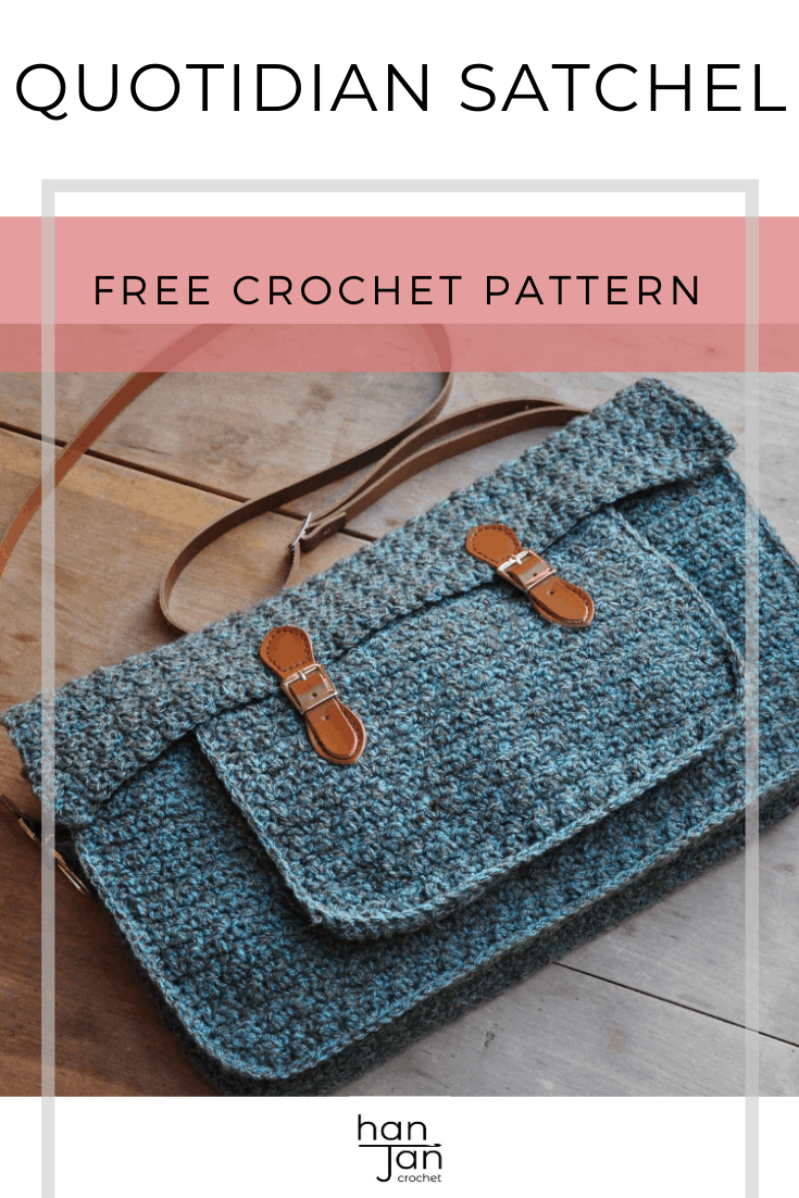 Quotidian Crochet Satchel a messenger bag with brown leather straps in crochet laying on wooden table