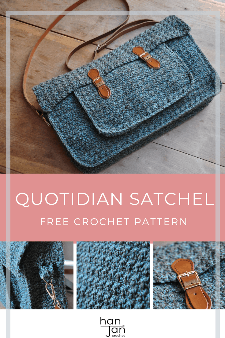 Quotidian Crochet Satchel a messenger bag with brown leather straps in crochet laying on wooden table
