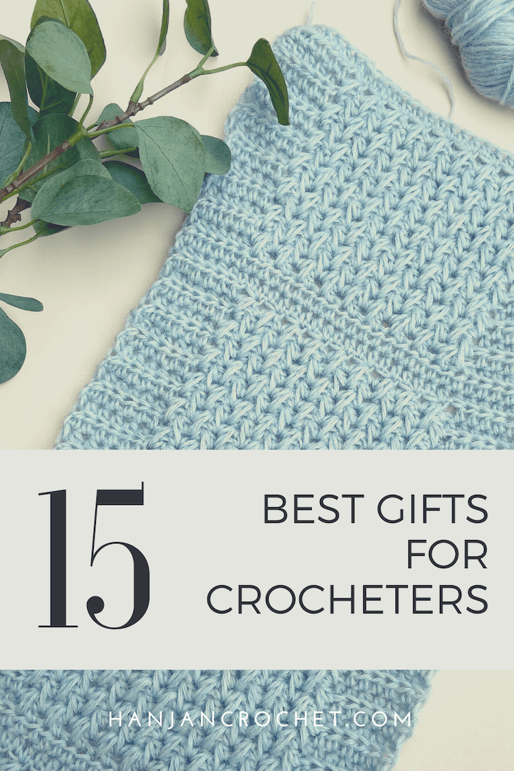 Blue feather stitch crochet swatch with text overlay: 15 best gifts for crocheters.