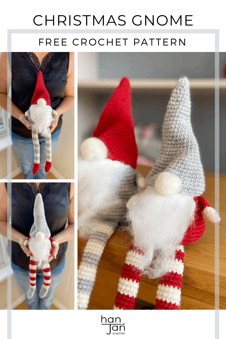 Pair of red, white and grey Christmas crochet gnomes sitting on a table.