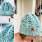 woman wearing mint green simple crochet cable hat,