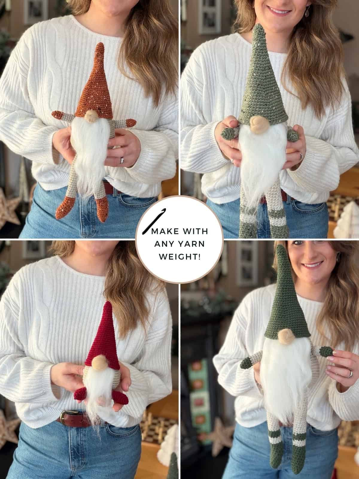 Four images of a person holding knitted gnome dolls in various colors and sizes, with a circular text overlay that reads, "MAKE WITH ANY YARN WEIGHT!" Try this free crochet gnome pattern to create your own charming collection.