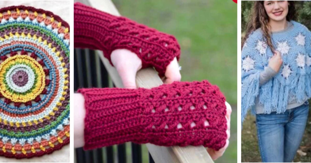 A colorful round crochet mat, a pair of red crocheted fingerless gloves, and a person in a light blue poncho with white stars and fringe—unique crochet Christmas gift ideas for loved ones.