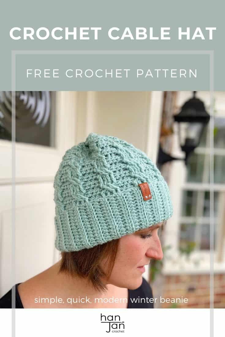 Woman looking sideways wearing crochet cable hat in mint green.