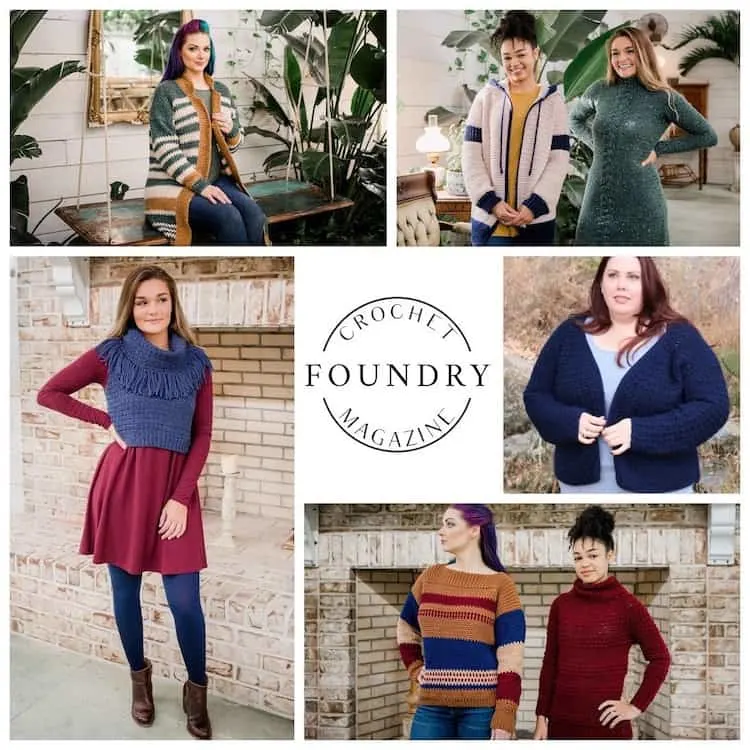 collection of images showing models wearing crochet foundry winter crochet garments