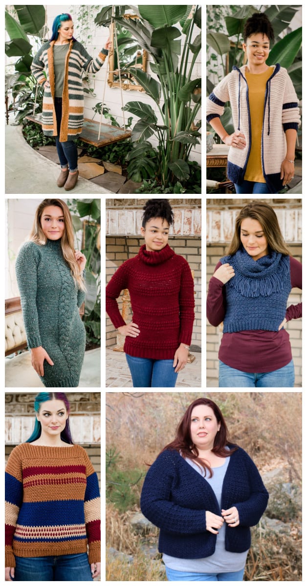 7 women wearing winter crochet garments from the crochet foundry