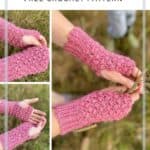 3 images of hands wearing pink puff stitch crochet mittens with little boy playing in the background