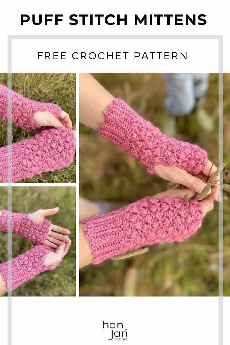 3 images of hands wearing pink puff stitch crochet mittens with little boy playing in the background