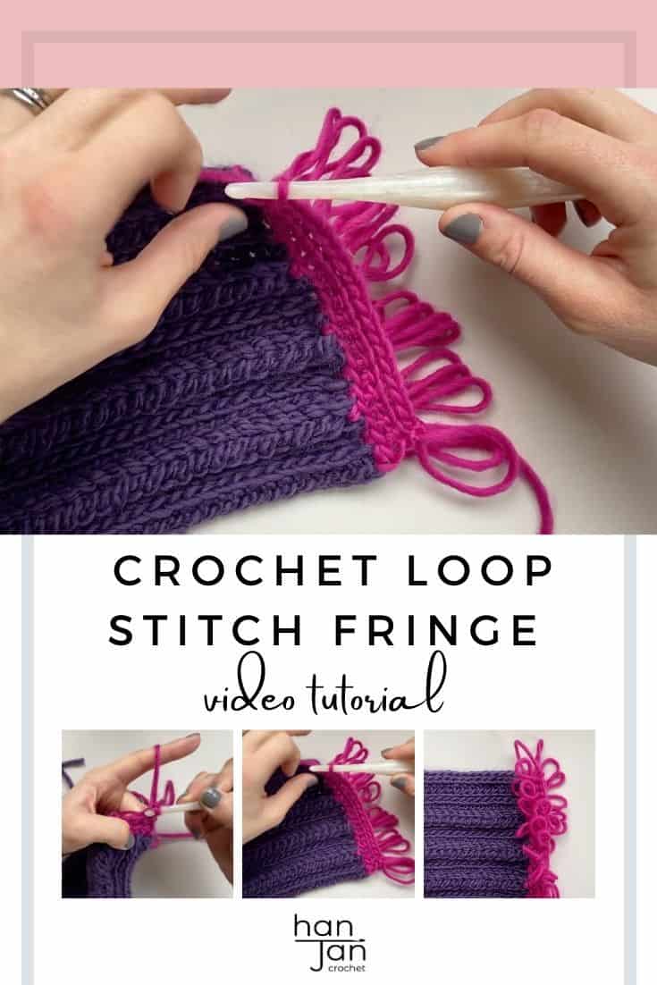 hands showing crochet loop stitch fringe in pink chunky yarn