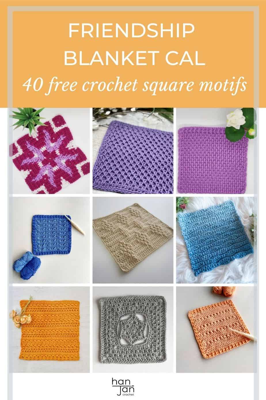 collection of crochet square motifs in bright and happy colours