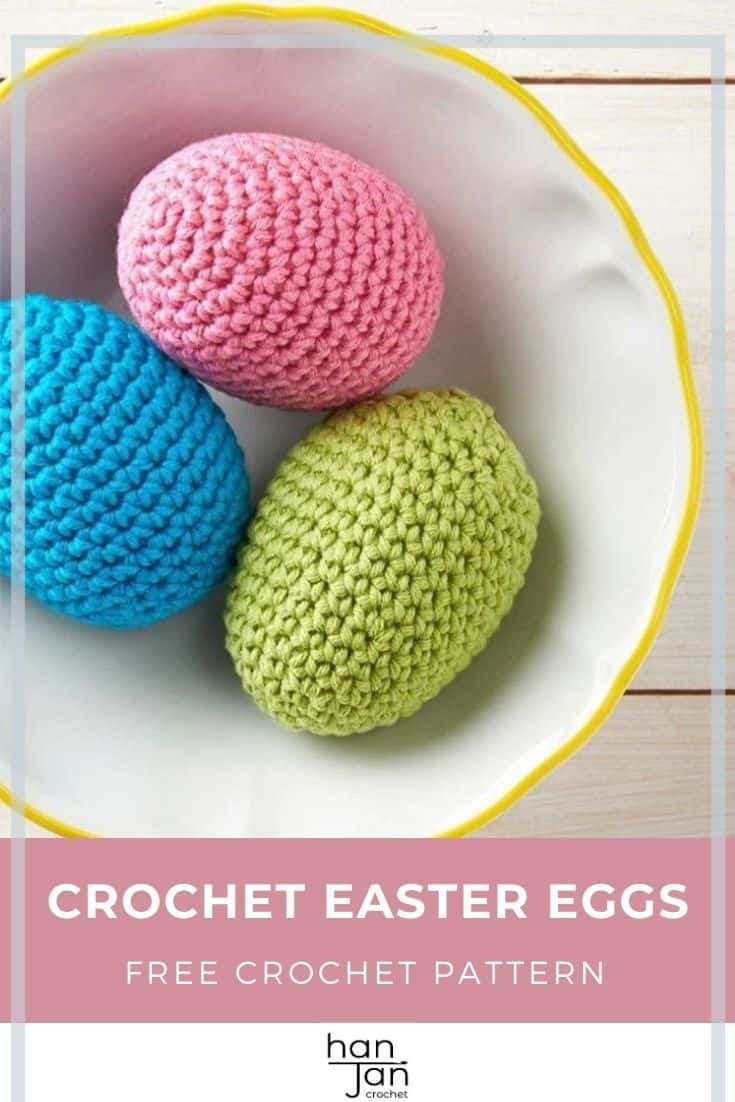 three amigurumi crochet easter eggs in a white ceramic bowl