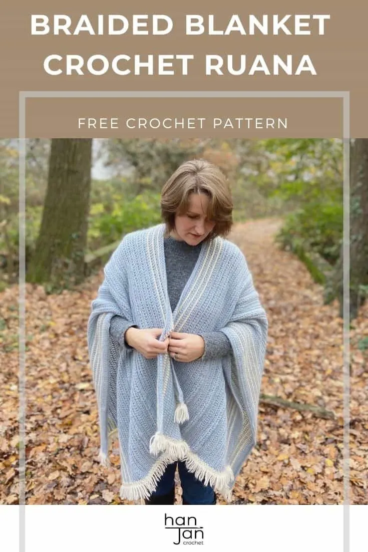 Woman in woods wearing braided crochet ruana wrap.