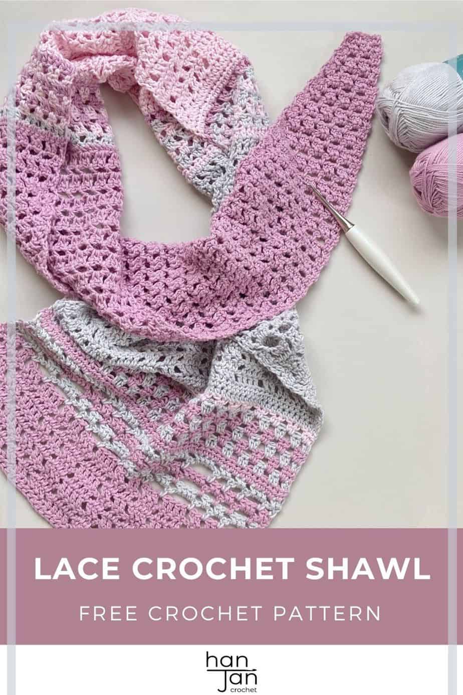 pink and grey lace crochet shawl with Furls crochet hook