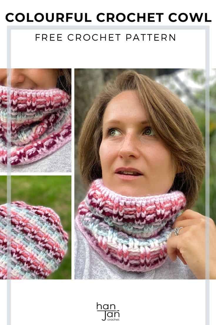 three pictures of colourful crochet rib cowl pattern