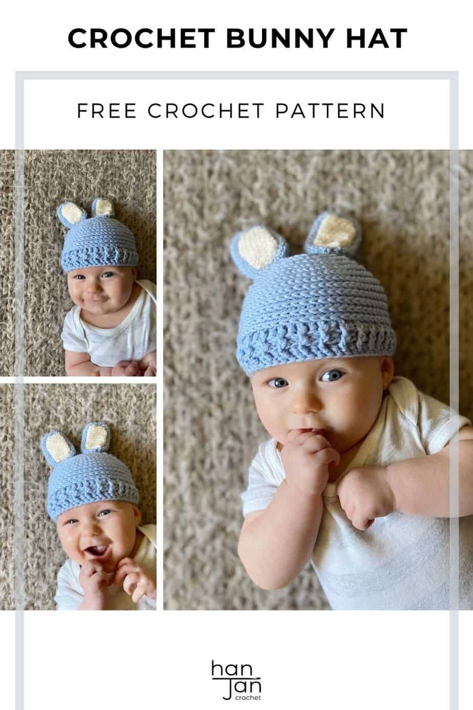 cut baby wearing crochet bunny hat with floppy ears