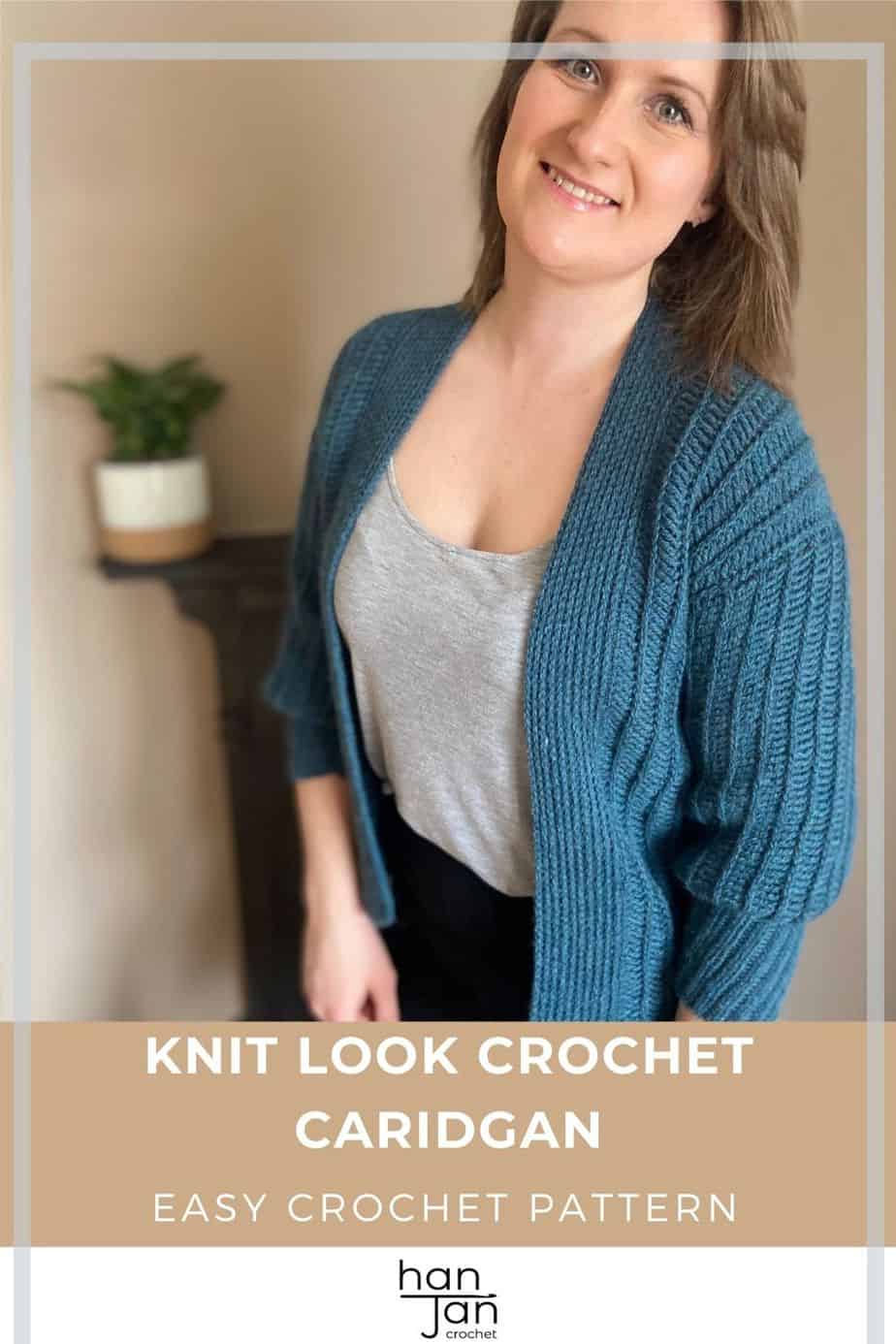 woman smiling wearing green knit-look crochet cardigan with balloon sleeves