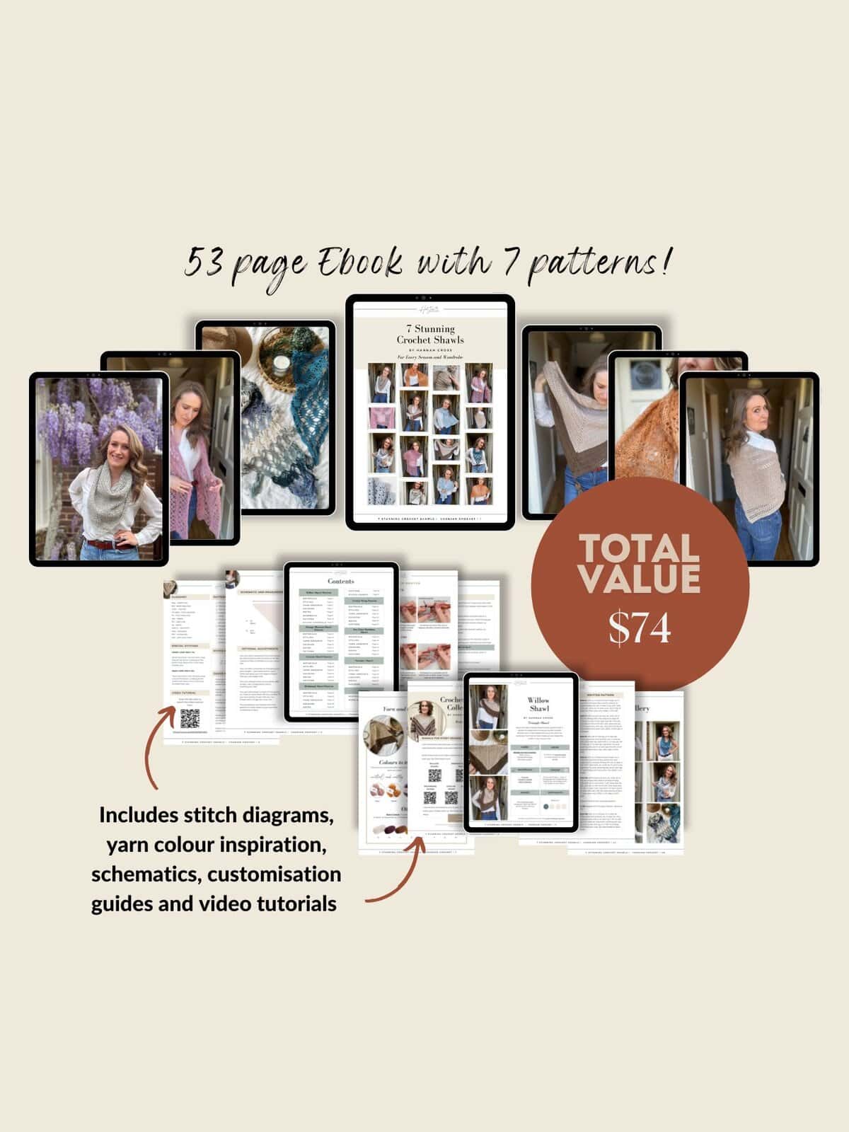 A collage displays digital devices and printed pages featuring knitting patterns, models in knitwear—including a stunning crochet boomerang shawl—and text promoting a 53-page ebook with 7 patterns valued at $74.