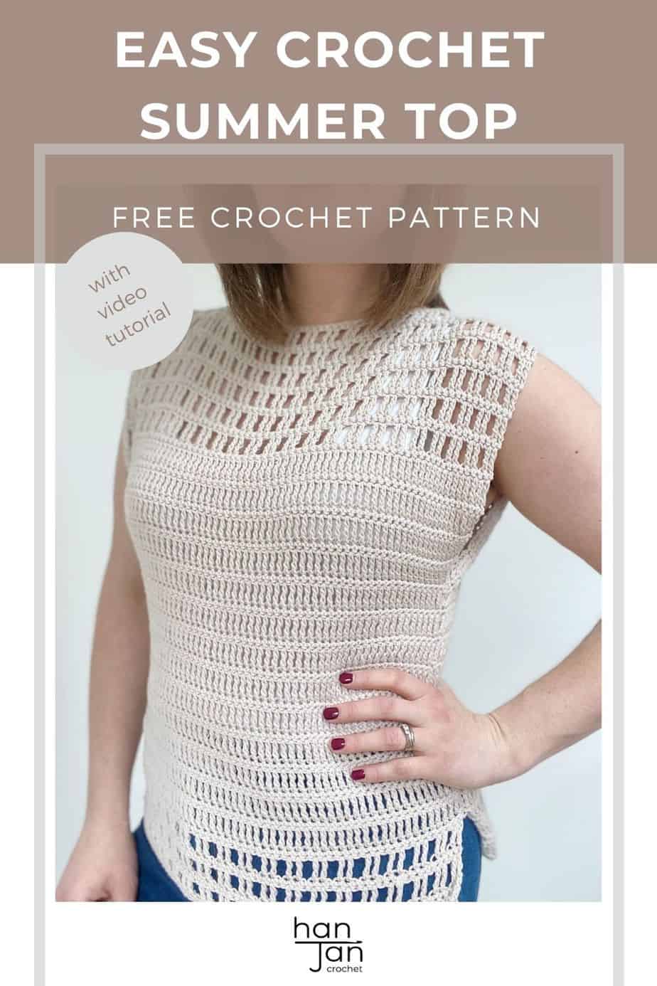 Woman with hand on hip wearing summer crochet top.