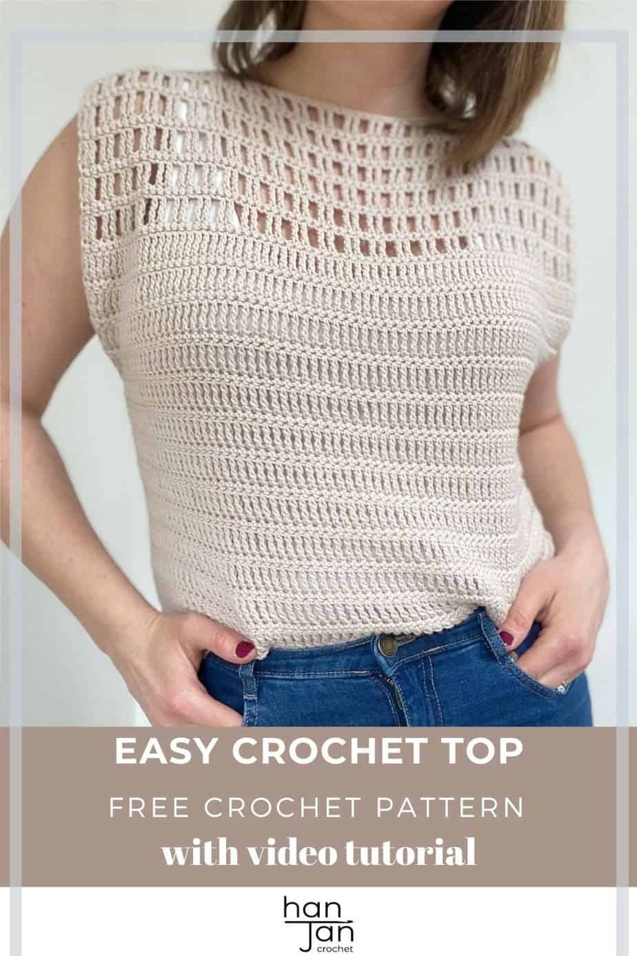 woman with hands in blue jeans pockets wearing sleeveless crochet lace top