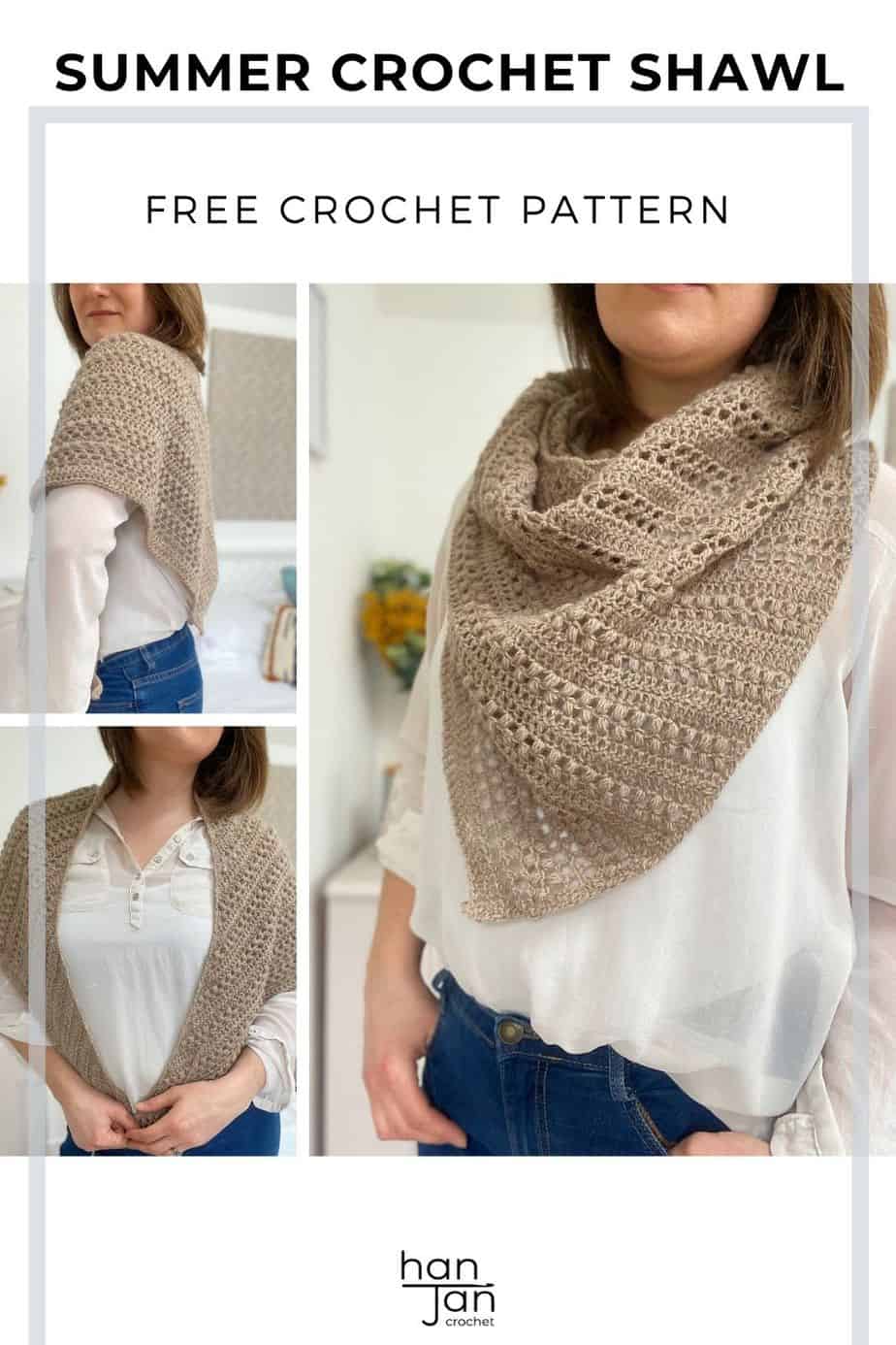 three images of woman wearing a beige boomerang crochet shawl with puff stitch detail. 