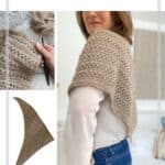 A woman wears a beige puff stitch crochet boomerang shawl. The image also shows a close-up of the shawl’s texture, a triangular flat view, and yarn with a crochet hook. Text: "Puff Stitch Crochet Shawl Free Crochet Pattern".