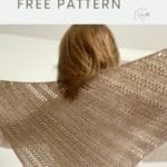 A person showcases a beautifully crocheted brown boomerang shawl pattern. The text above proudly announces, "crochet boomerang shawl FREE PATTERN.