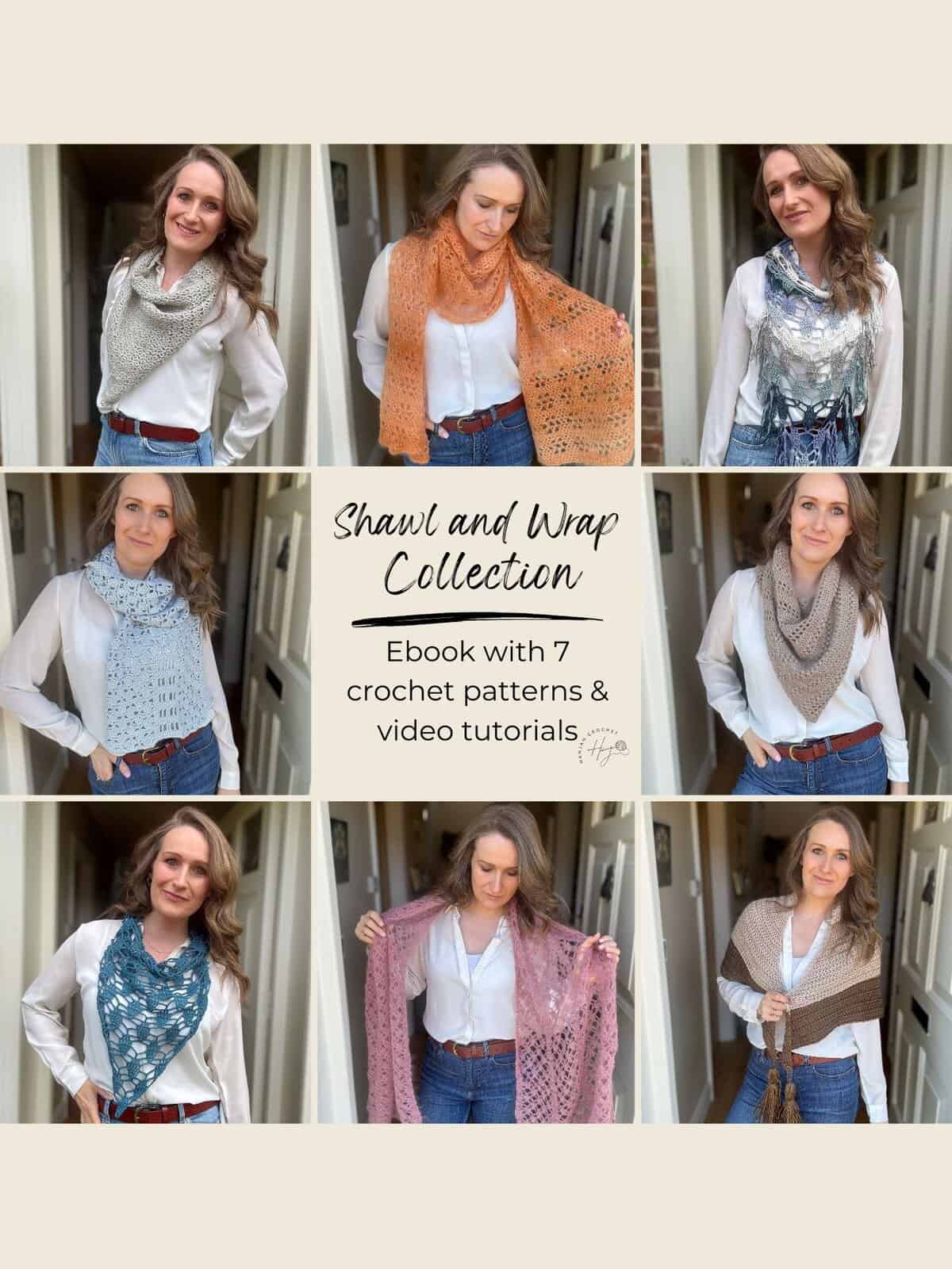 A woman models seven different crocheted shawls and wraps—including a crochet boomerang shawl—in various colors and styles; centered text advertises an ebook with crochet patterns and video tutorials.