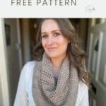 A woman stands in a hallway wearing a textured crochet boomerang shawl. Text reads "textured crochet shawl FREE PATTERN" above her, inviting creativity and style.