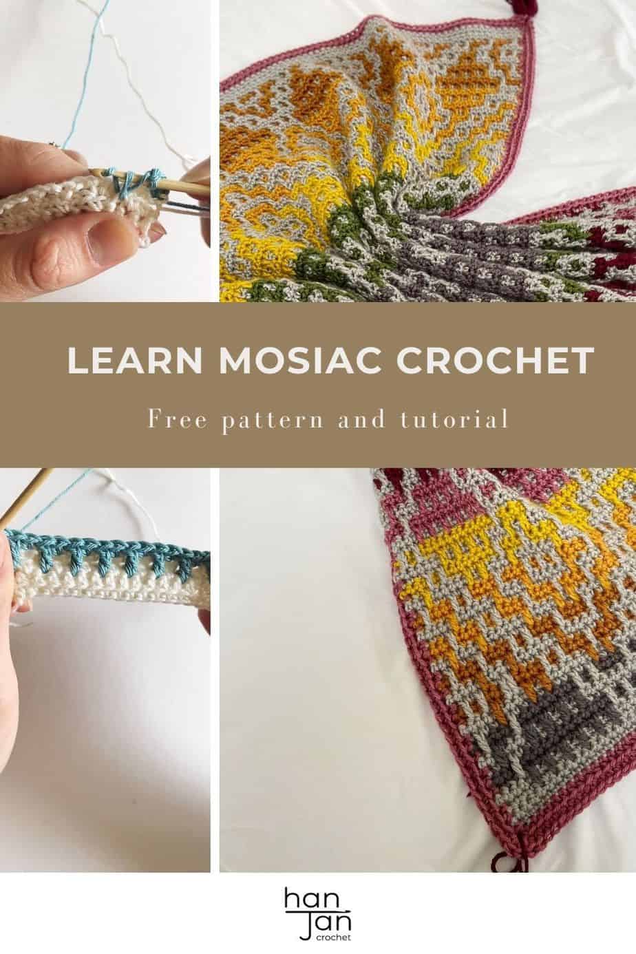example of mosaic crochet blanket and images of hands crocheting mosaic crochet 