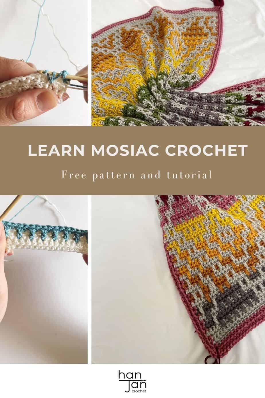 Example of mosaic crochet blanket and images of hands crocheting mosaic crochet. 