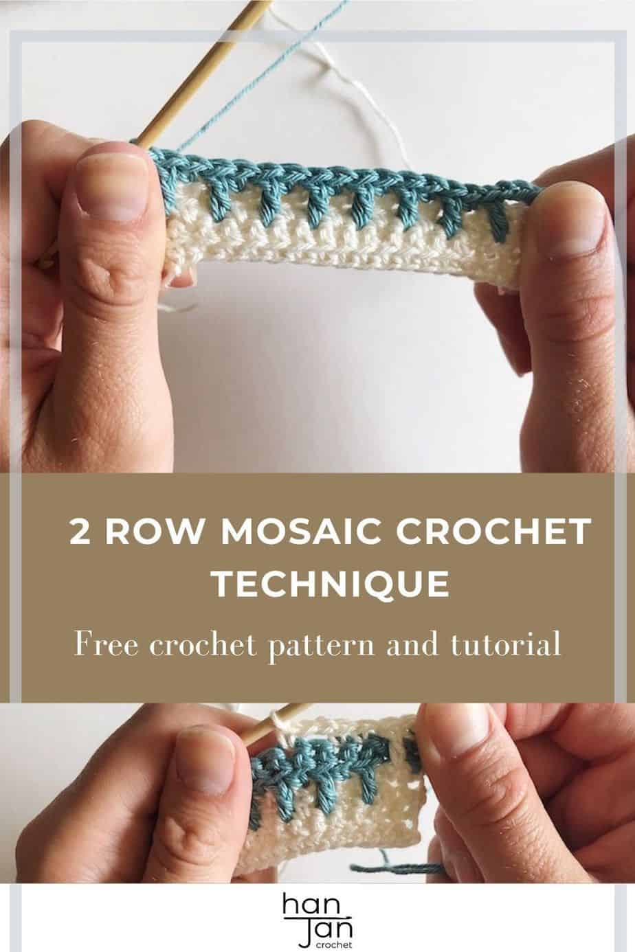 Hands holding a sample of mosaic crochet in blue and white yarn with crochet hook.