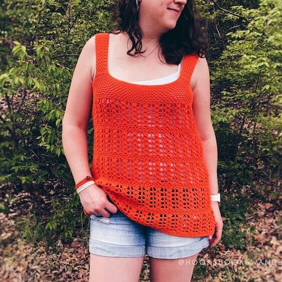 woman wearing orange lace crochet summer tank top