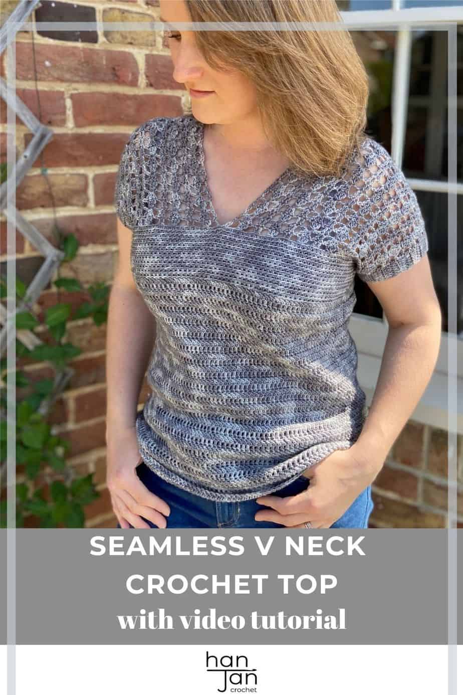 woman wearing v neck crochet summer top in front of red brick house