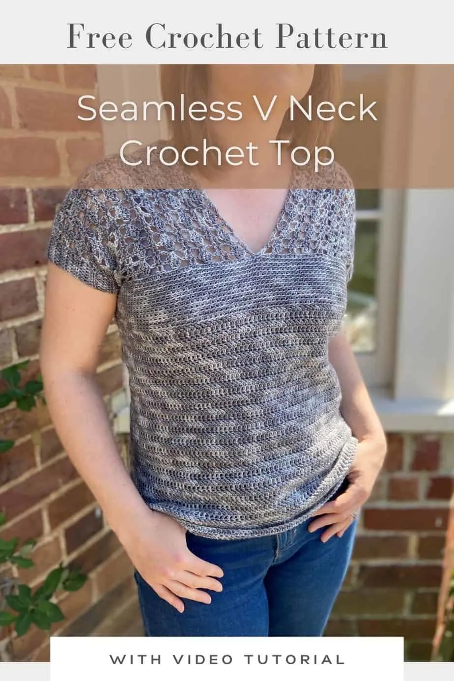 woman with hands in pockets wearing grey crochet summer tee
