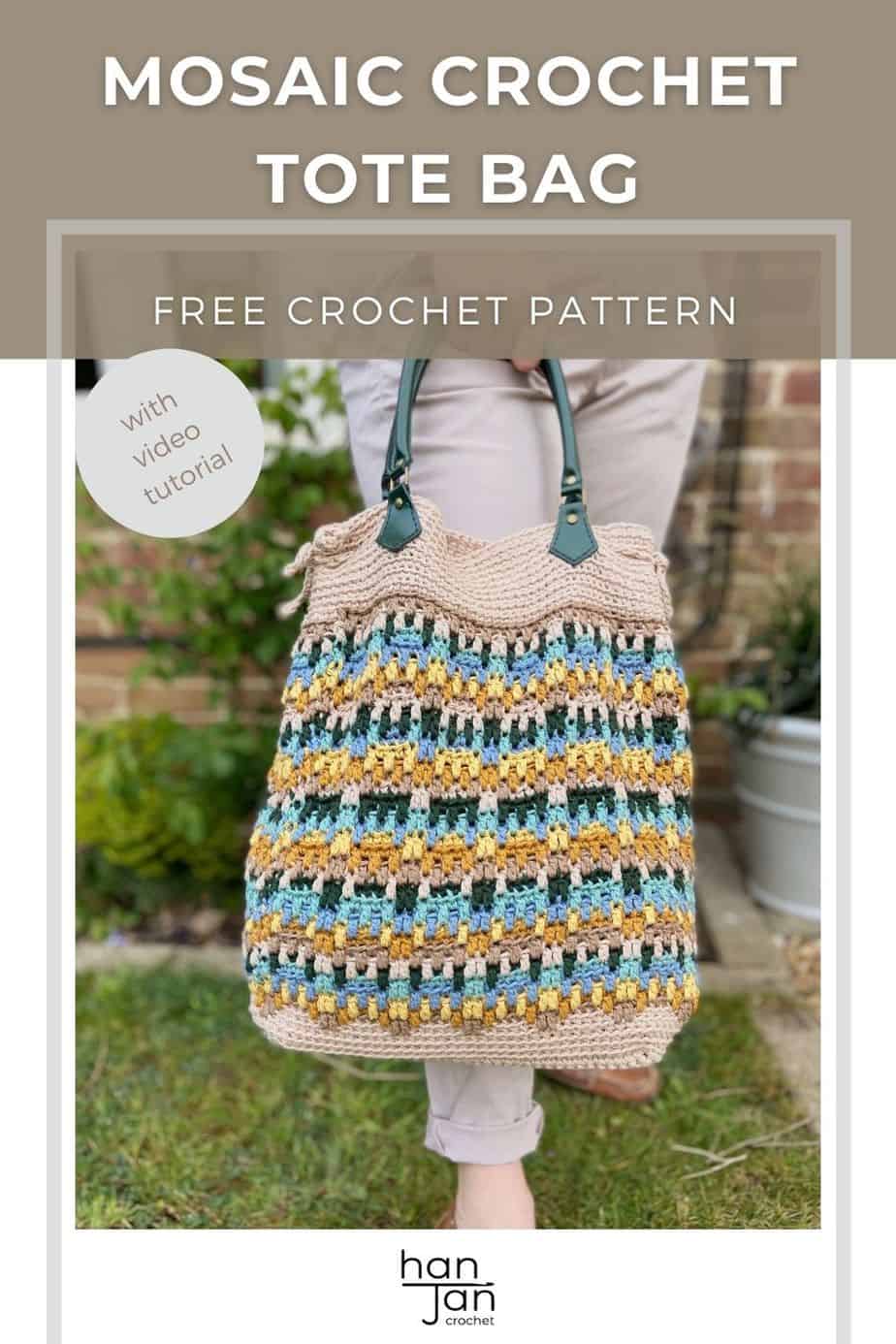 image of summer crochet tote bag with green handles against woman's legs