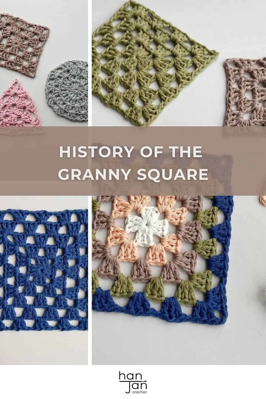 3 images showing different types of granny squares, triangle, circle and square
