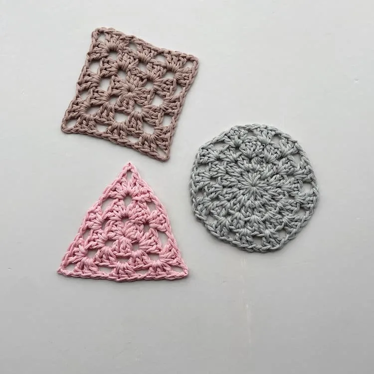 circle, triangle and square crochet granny squares in cotton yarn