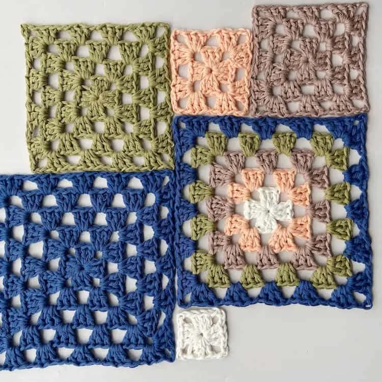 6 different crochet granny squares laid out in grid pattern