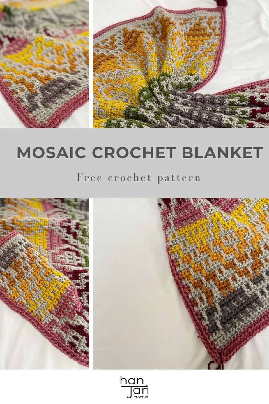 Multi colour Wanderer mosaic crochet blanket pattern in worsted weight yarn