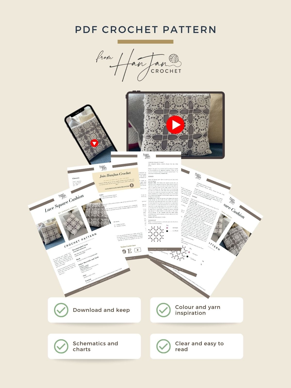 PDF crochet lace square cushion pattern is showcased with printed instructions, a crochet chart, a phone and laptop displaying video, and feature icons highlighting key benefits.