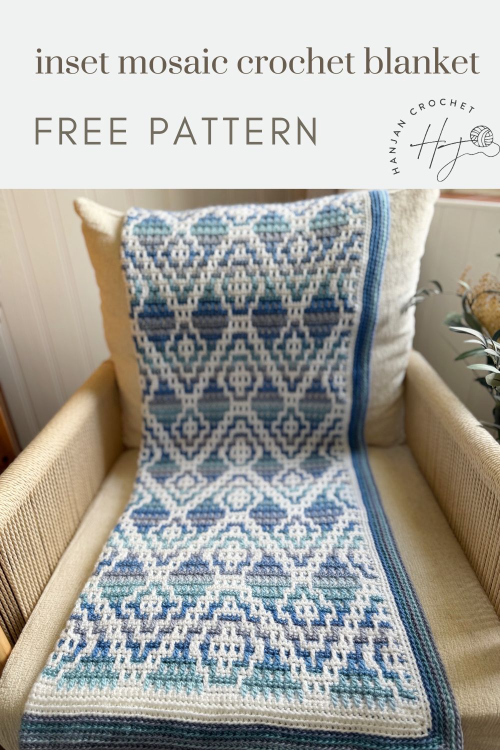 A mosaic crochet blanket in blue, green, and white geometric patterns is draped over a beige armchair, with text reading "inset mosaic crochet blanket free pattern.