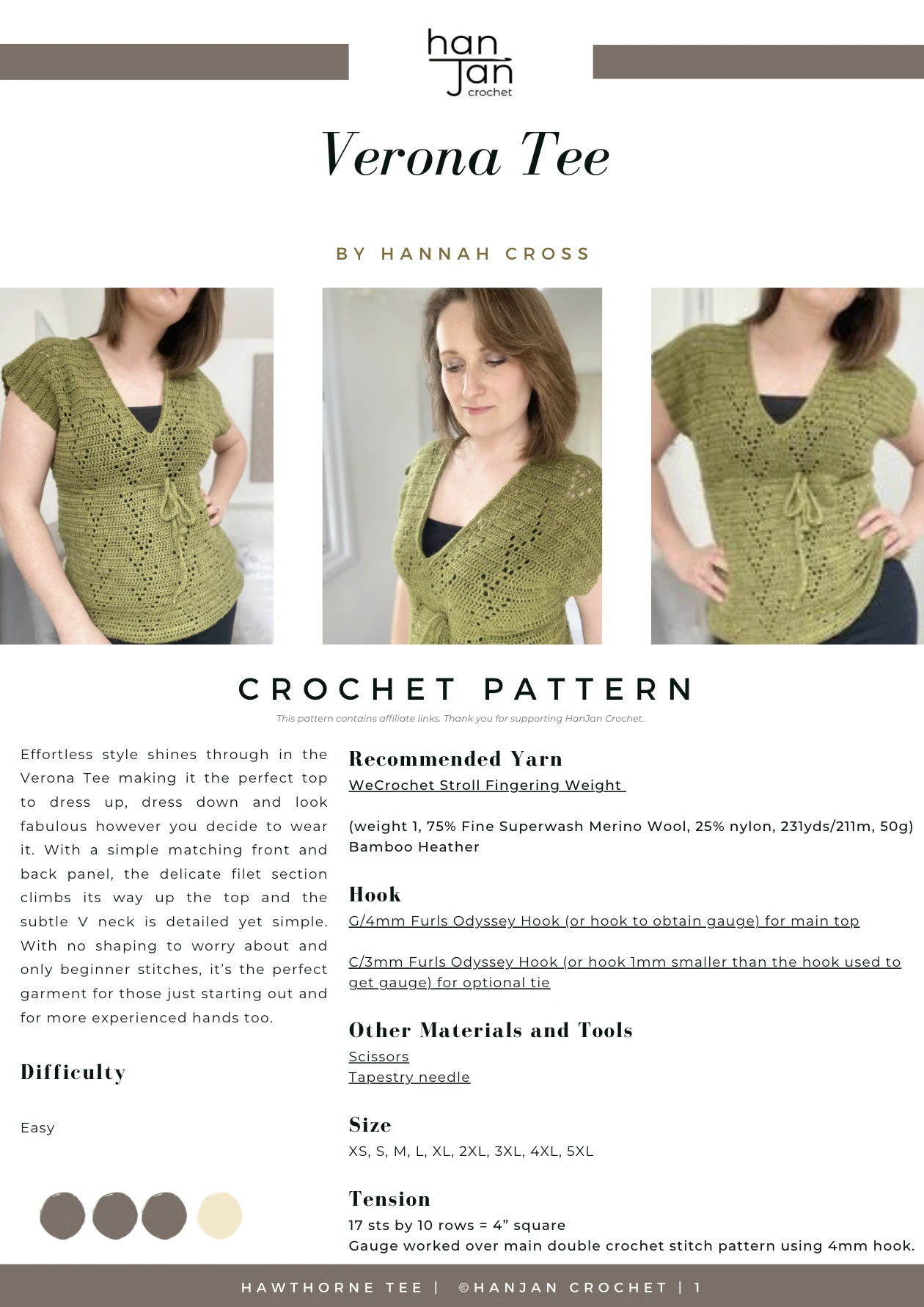 title page of Verona Tee crochet t-shirt pattern PDF