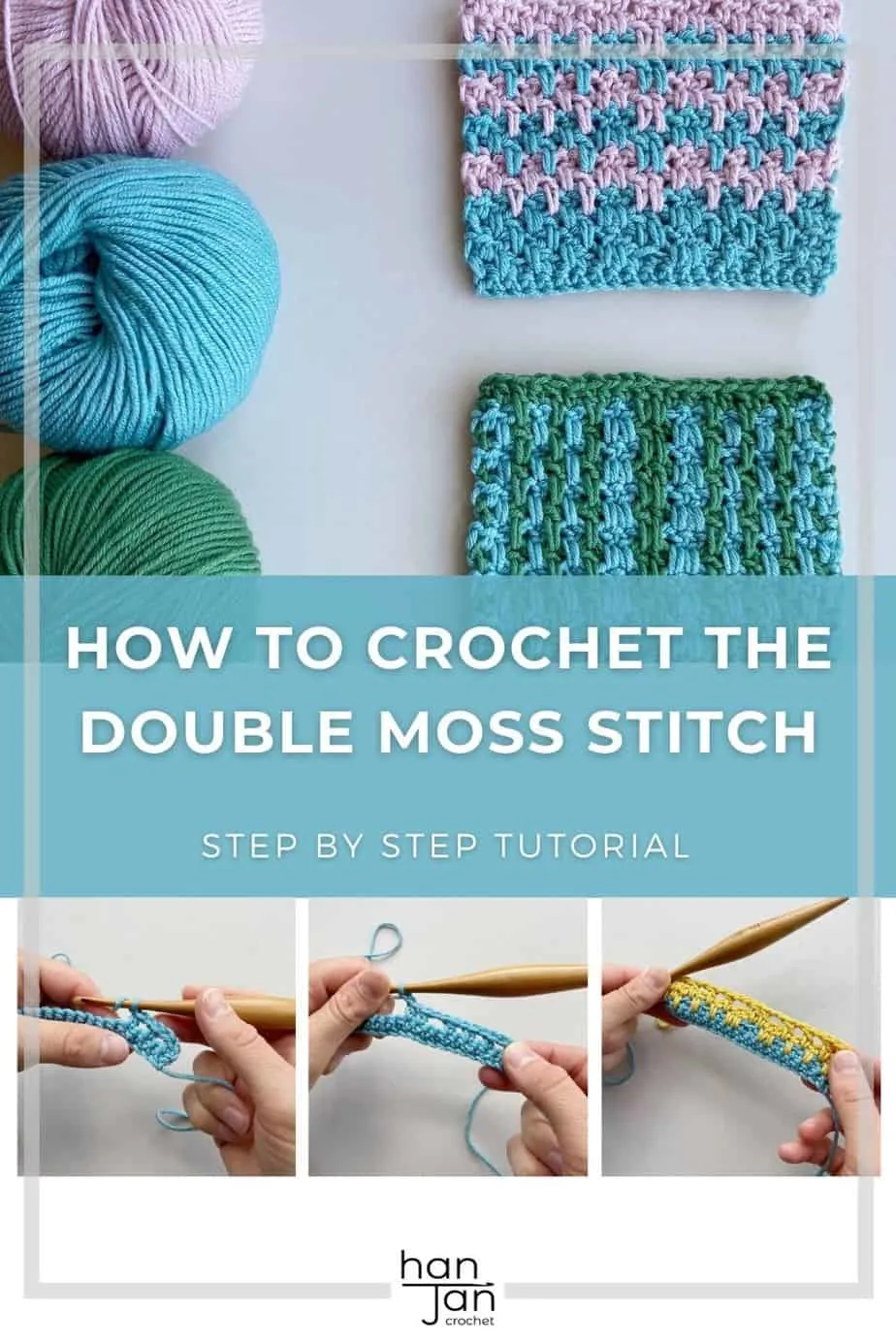image showing step by step process of double crochet moss stitch