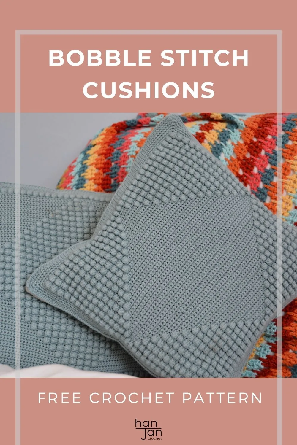 pin showing bobble stitch crochet cushion pattern, a modern home decor pattern