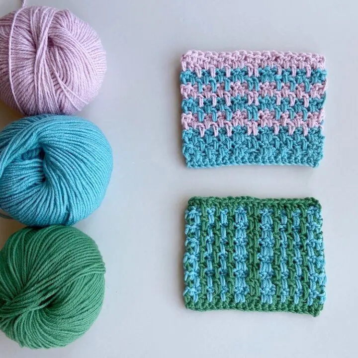 double crochet moss stitch tutorial swatch and yarn